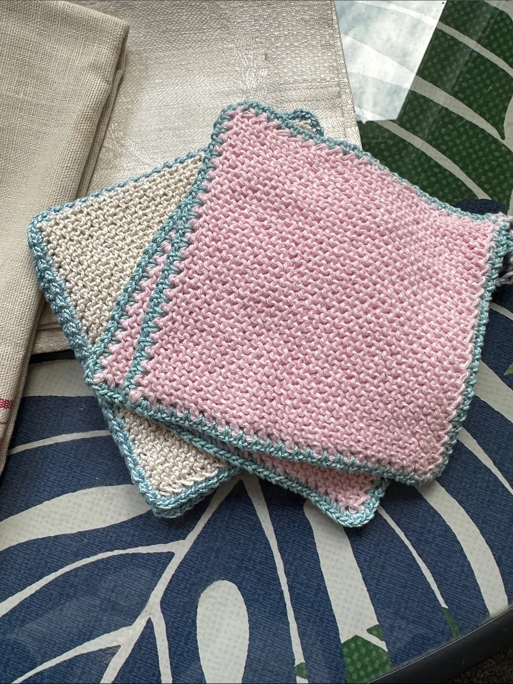 Classic Cotton Dish Towels and Knit Dishcloths - Pink and Cream
